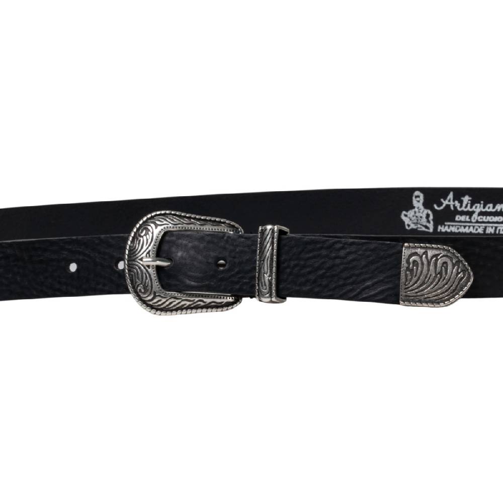 Lartigiano Del Cuoio Cintura western donna in pelle nero con puntale in metallo inciso