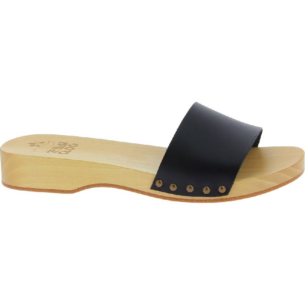 Lartigiano Del Cuoio Zoccoli in legno artigianali da uomo con fascia in pelle nera Hotsell
