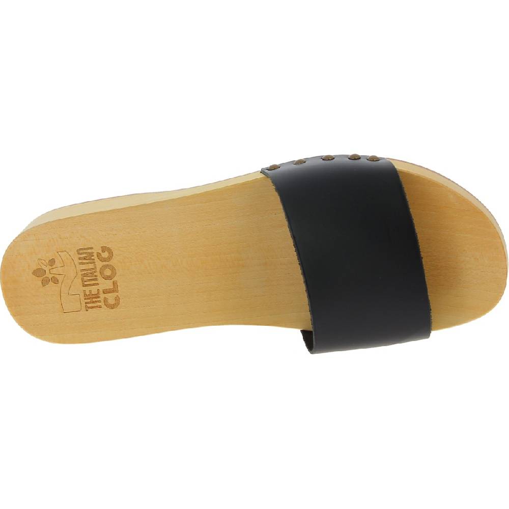 Lartigiano Del Cuoio Zoccoli in legno artigianali da uomo con fascia in pelle nera Hotsell