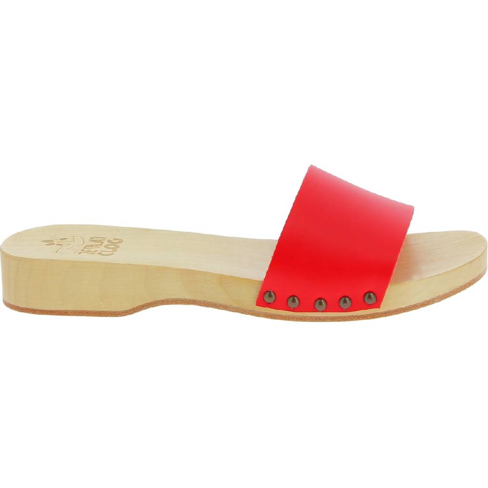 Lartigiano Del Cuoio Zoccoli di legno artigianali da uomo con fascia in pelle rossa Acquista Ora