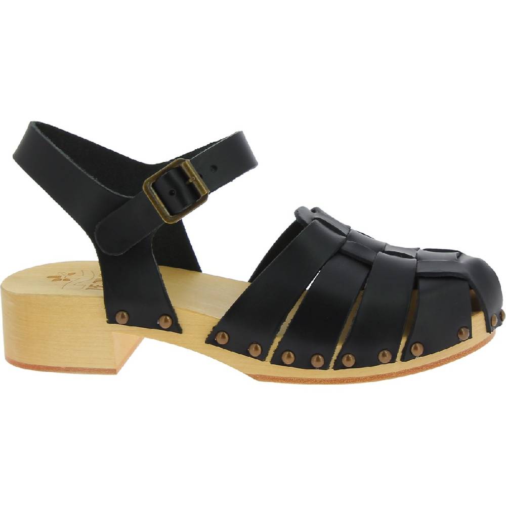 Lartigiano Del Cuoio Zoccoli in legno artigianali da donna con tomaia a gabbia in pelle nera Economico