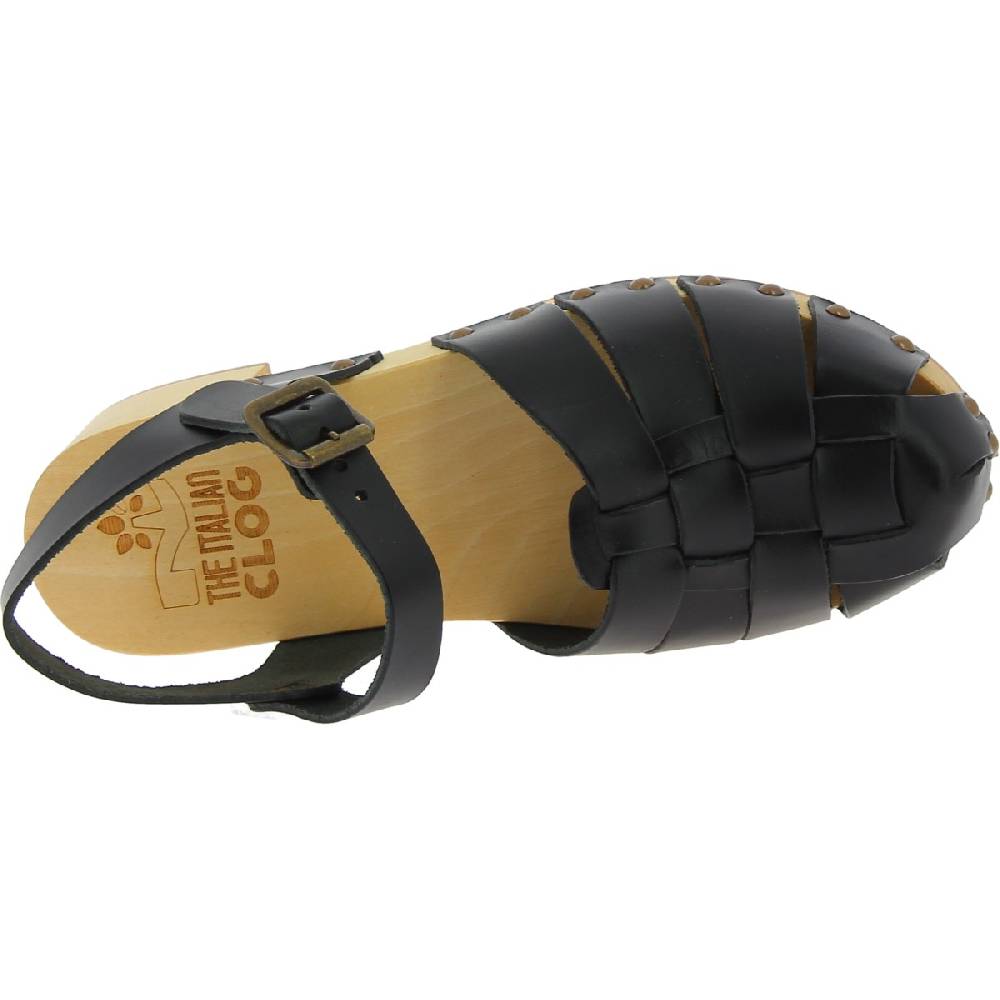 Lartigiano Del Cuoio Zoccoli in legno artigianali da donna con tomaia a gabbia in pelle nera Economico