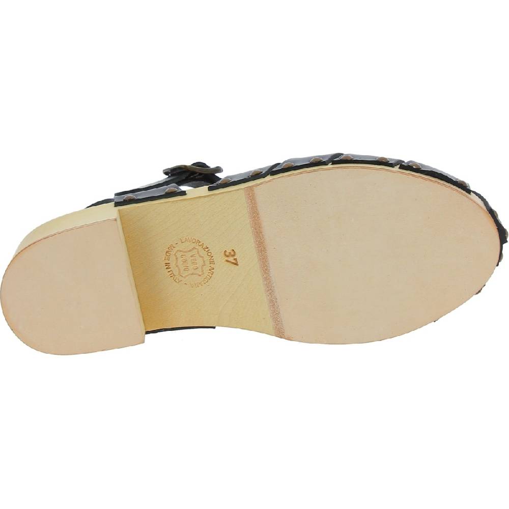 Lartigiano Del Cuoio Zoccoli in legno artigianali da donna con tomaia a gabbia in pelle nera Economico