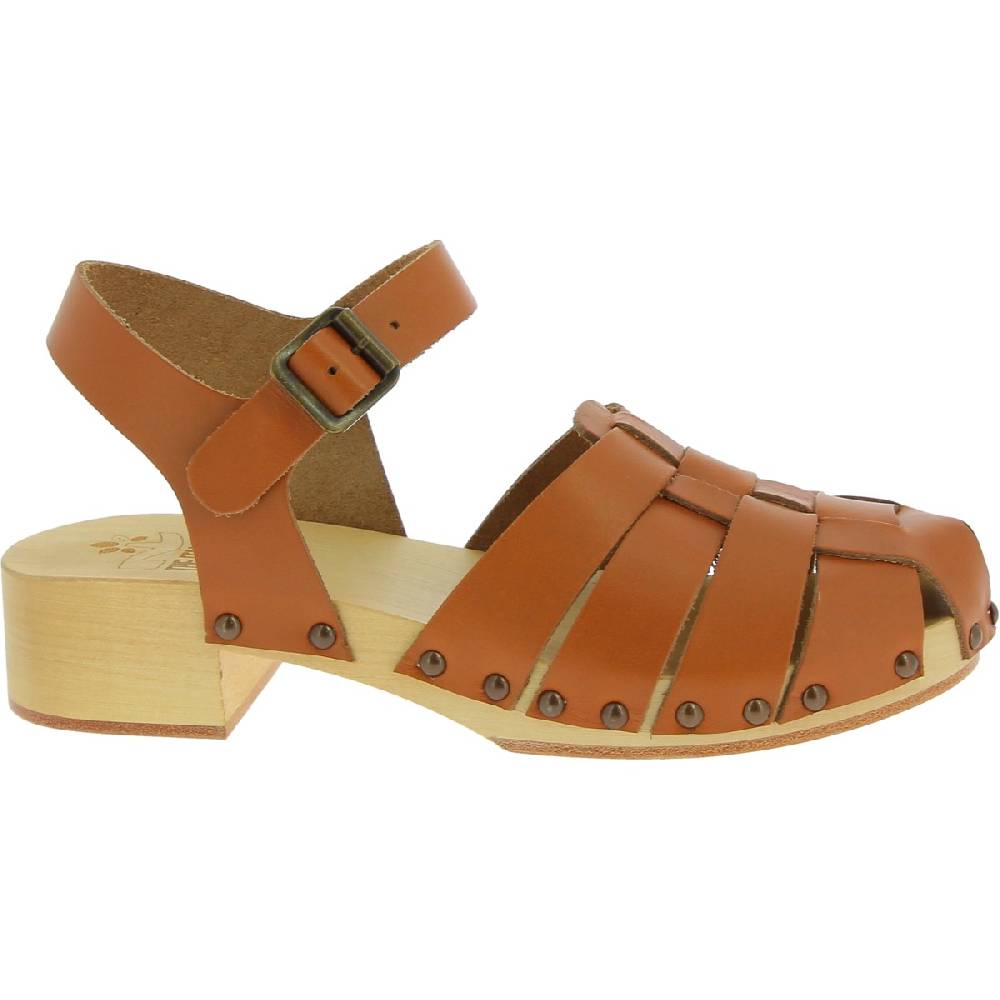 Lartigiano Del Cuoio Zoccoli donna in legno artigianali con tomaia a gabbia in pelle color cuoio Negozio