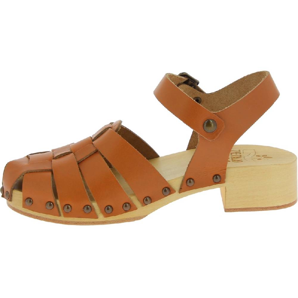 Lartigiano Del Cuoio Zoccoli donna in legno artigianali con tomaia a gabbia in pelle color cuoio Negozio