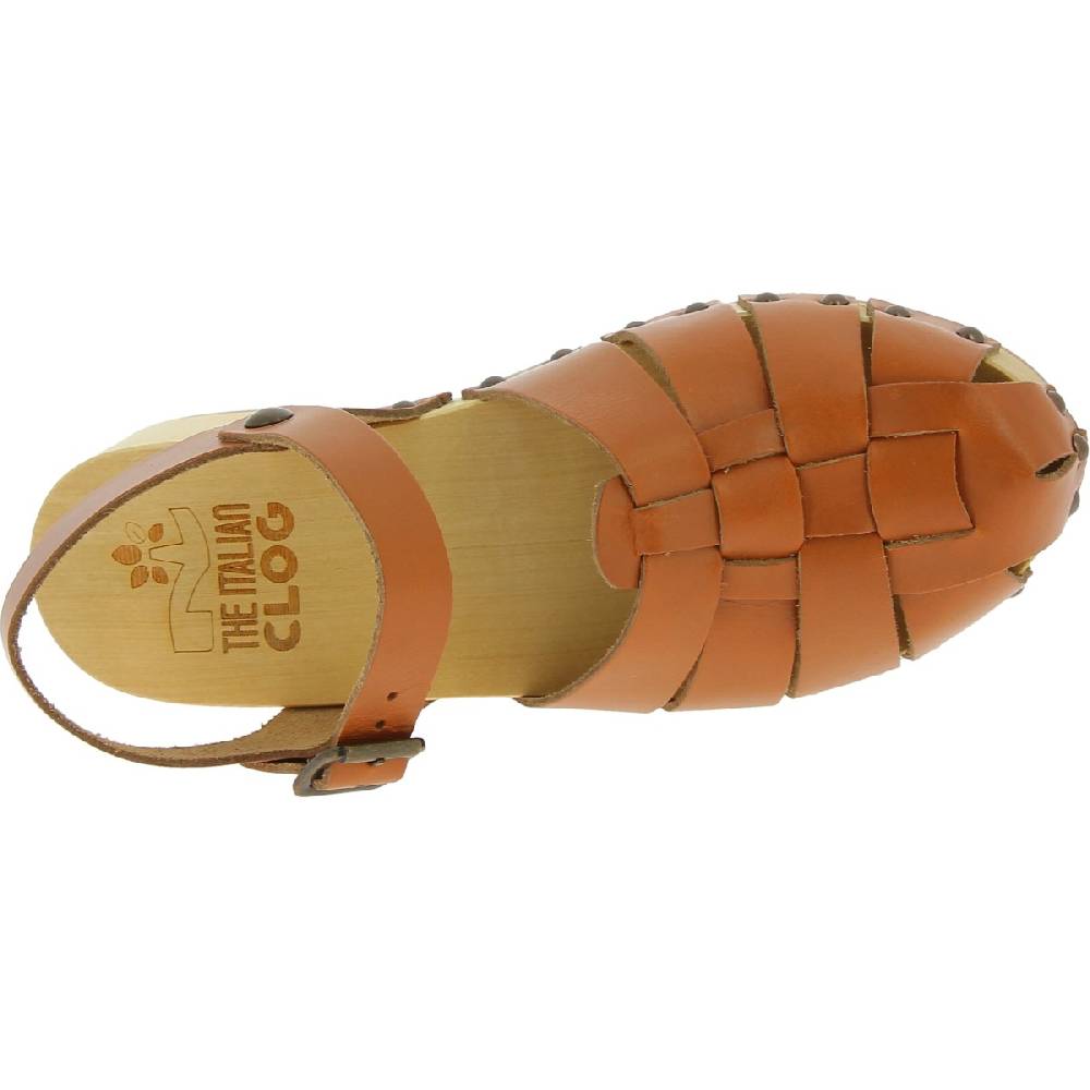Lartigiano Del Cuoio Zoccoli donna in legno artigianali con tomaia a gabbia in pelle color cuoio Negozio
