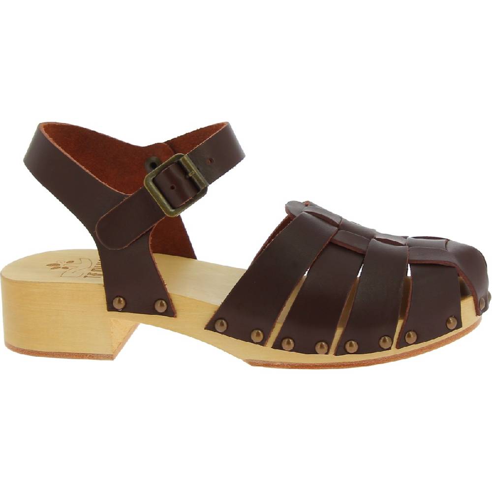 Lartigiano Del Cuoio Zoccoli donna artigianali in legno con tomaia a gabbia in pelle testa di moro Promozione Limitata