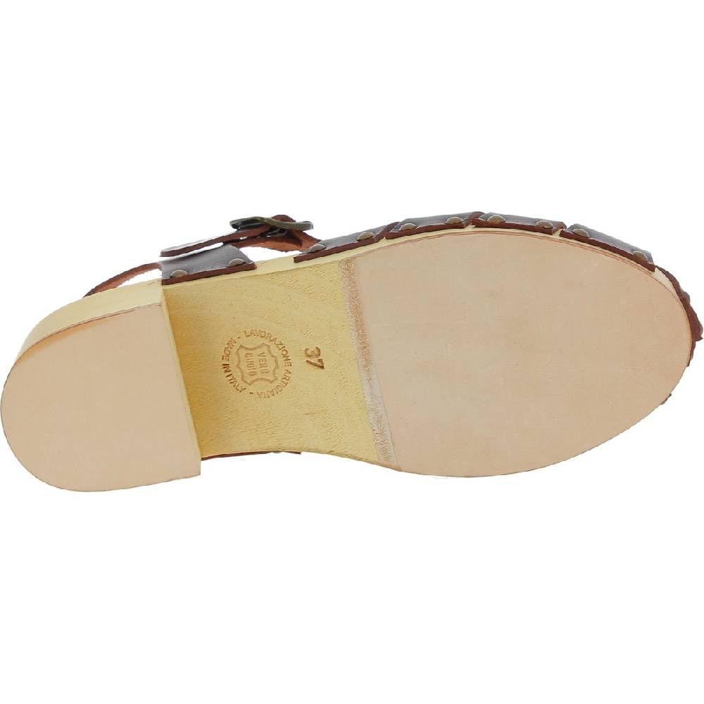 Lartigiano Del Cuoio Zoccoli donna artigianali in legno con tomaia a gabbia in pelle testa di moro Promozione Limitata
