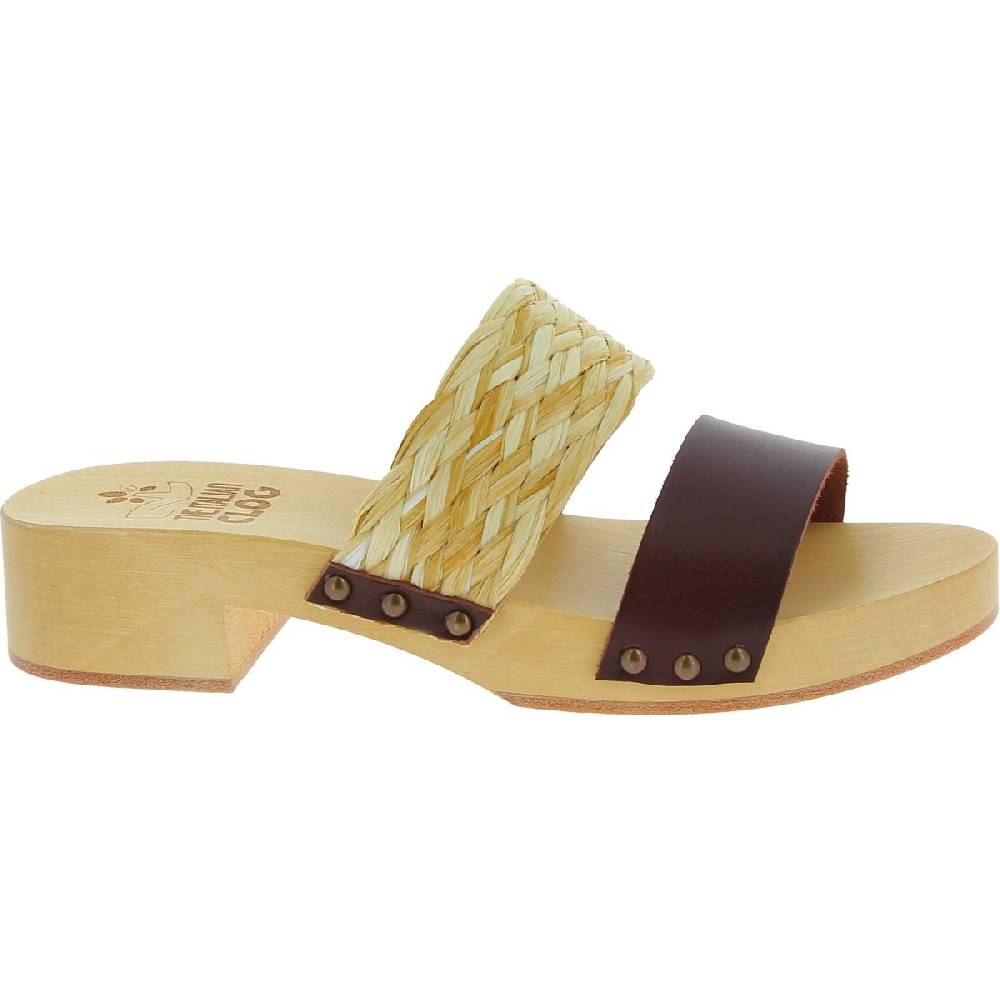 Lartigiano Del Cuoio Sabot in legno da donna artigianali con fascia in rafia e pelle testa di moro Pezzi Unici