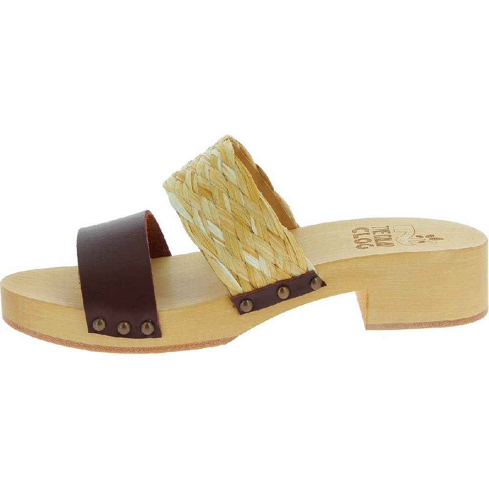 Lartigiano Del Cuoio Sabot in legno da donna artigianali con fascia in rafia e pelle testa di moro Pezzi Unici