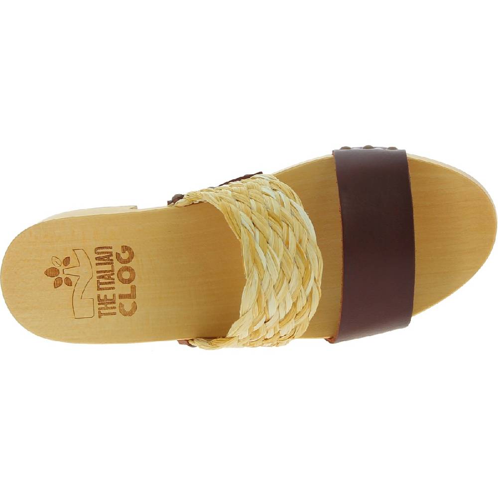 Lartigiano Del Cuoio Sabot in legno da donna artigianali con fascia in rafia e pelle testa di moro Pezzi Unici