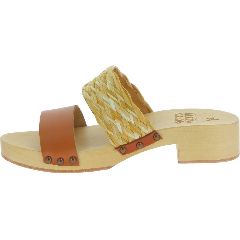 Lartigiano Del Cuoio Sabot in legno da donna artigianali con fascia in rafia e pelle color cuoio Shopping Online