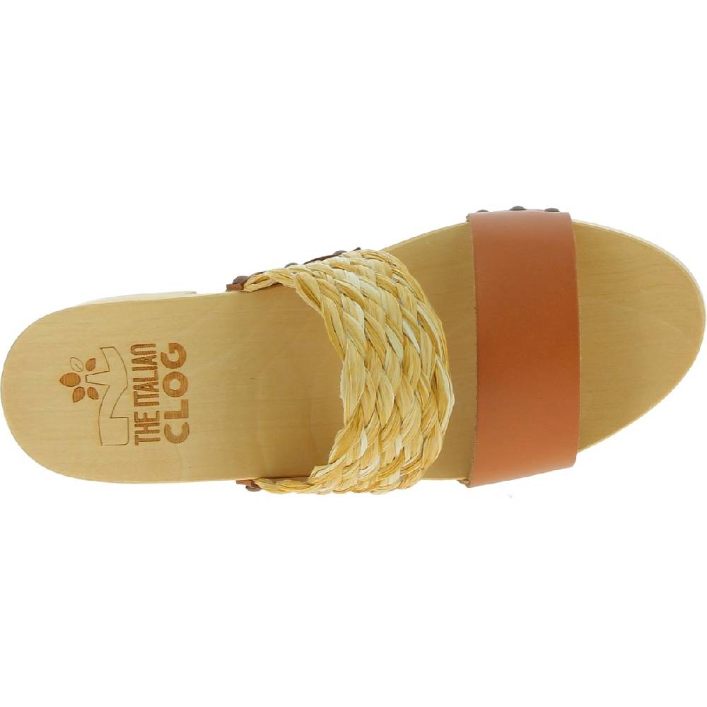 Lartigiano Del Cuoio Sabot in legno da donna artigianali con fascia in rafia e pelle color cuoio Shopping Online