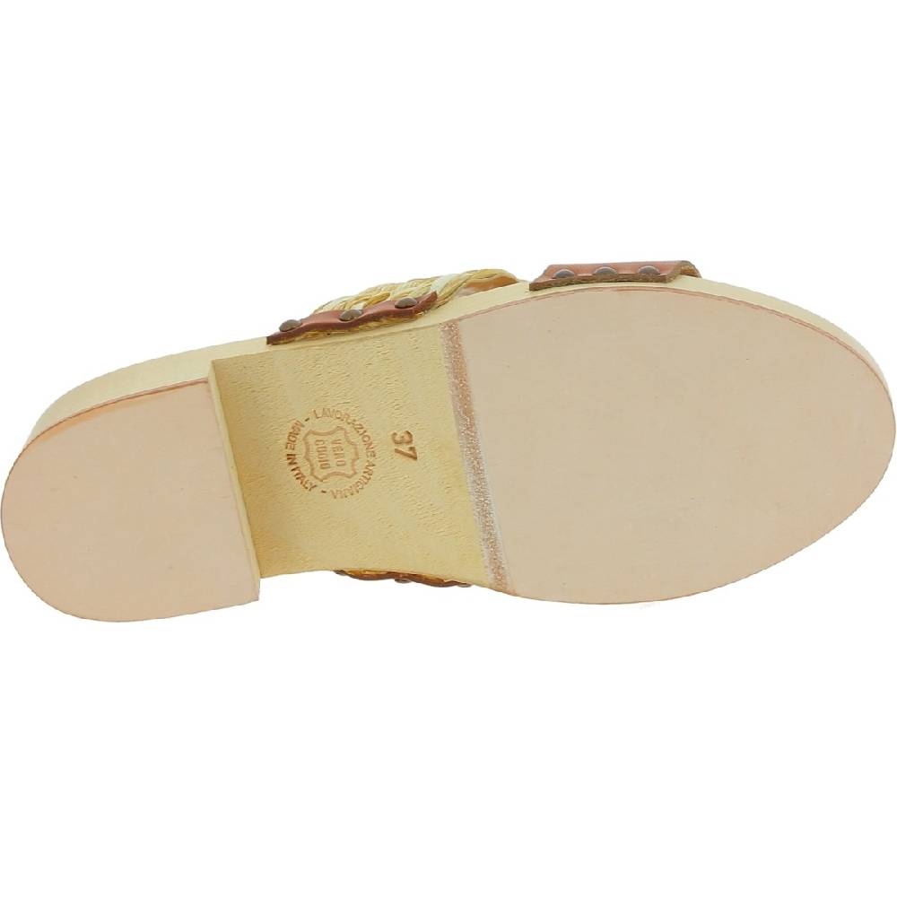 Lartigiano Del Cuoio Sabot in legno da donna artigianali con fascia in rafia e pelle color cuoio Shopping Online