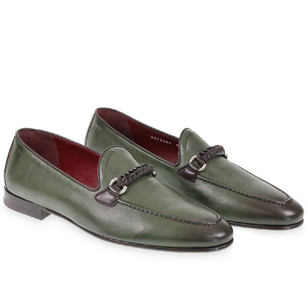 Lartigiano Del Cuoio Mocassino da uomo in pelle verde con passante intrecciato Outlet