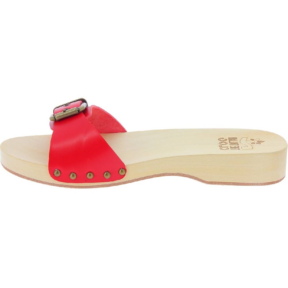 Lartigiano Del Cuoio Zoccoli di legno artigianali da uomo con fascia regolabile in pelle rossa Moda