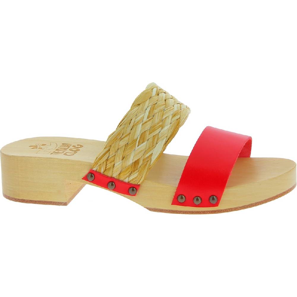 Lartigiano Del Cuoio Sabot in legno da donna artigianali con fascia in rafia e pelle rossa Novità