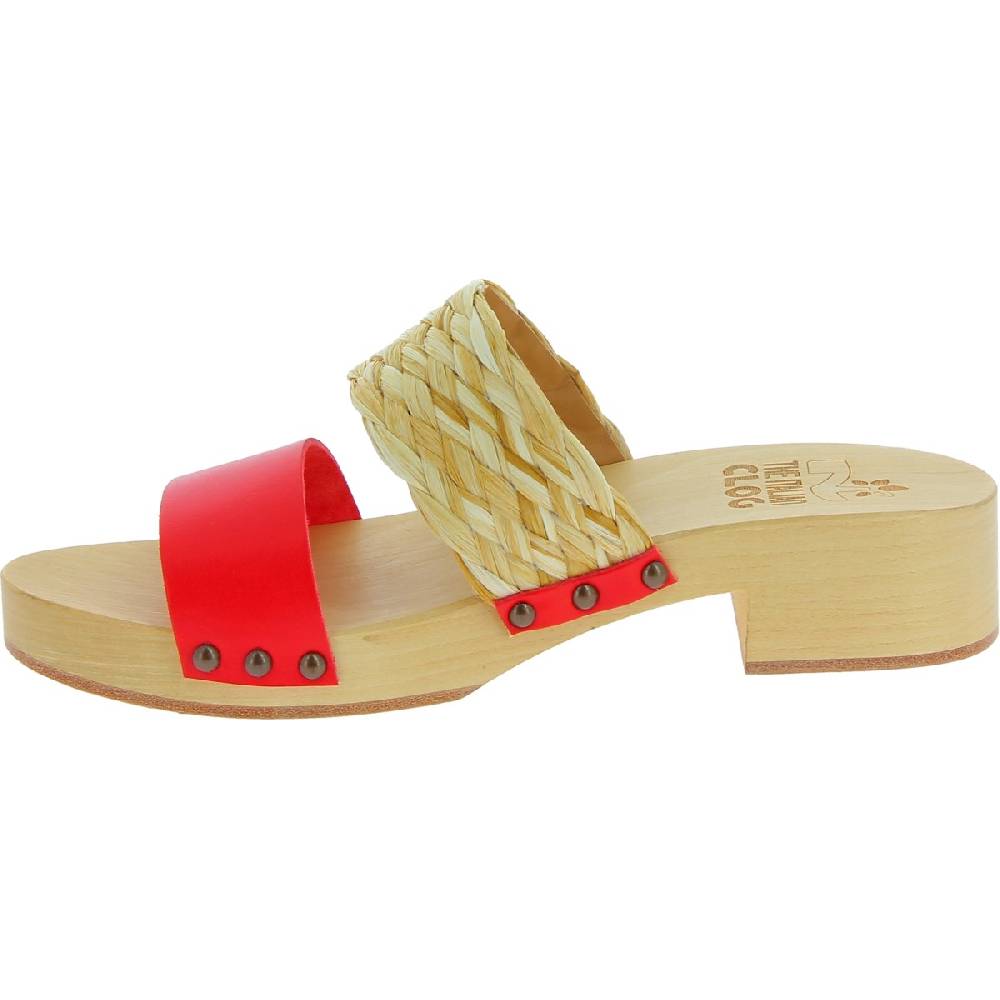 Lartigiano Del Cuoio Sabot in legno da donna artigianali con fascia in rafia e pelle rossa Novità