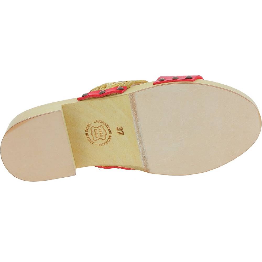 Lartigiano Del Cuoio Sabot in legno da donna artigianali con fascia in rafia e pelle rossa Novità