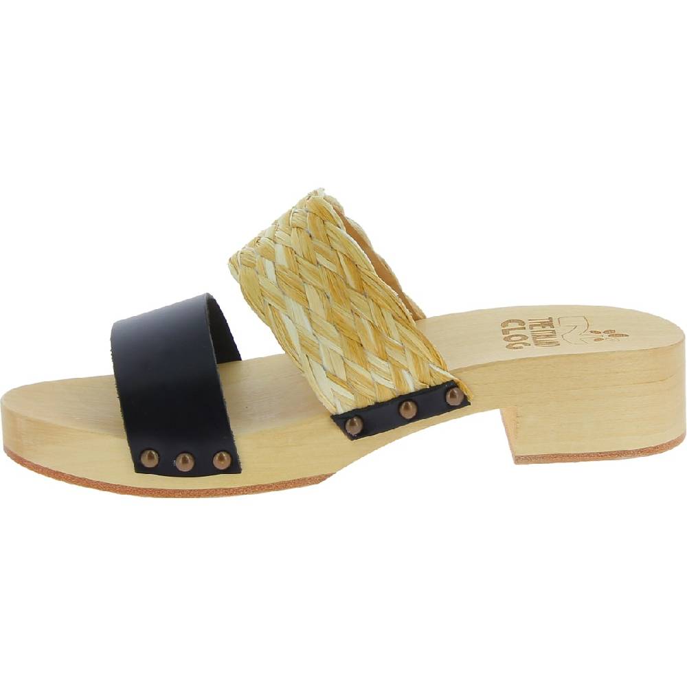 Lartigiano Del Cuoio Sabot da donna in legno artigianali con fascia in rafia e pelle nero Sottocosto