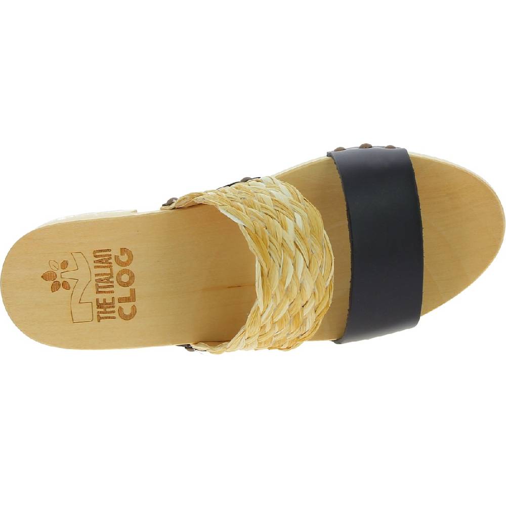 Lartigiano Del Cuoio Sabot da donna in legno artigianali con fascia in rafia e pelle nero Sottocosto