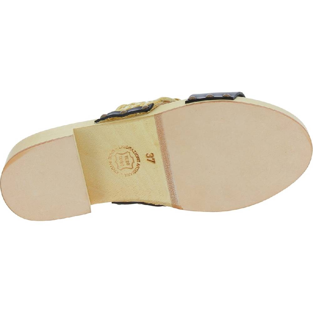 Lartigiano Del Cuoio Sabot da donna in legno artigianali con fascia in rafia e pelle nero Sottocosto