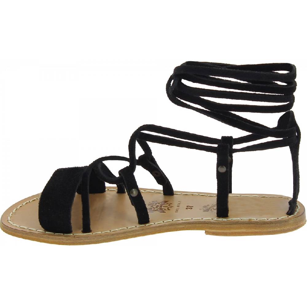 Lartigiano Del Cuoio Sandali gladiatore donna in pelle nabuk nero fatti a mano Economico