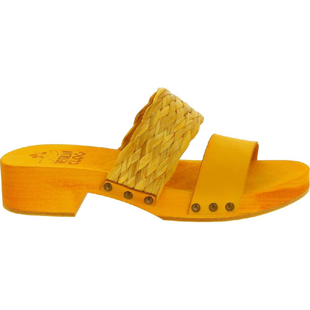 Lartigiano Del Cuoio Sabot da donna giallo in legno artigianali con fascia in rafia e pelle Online