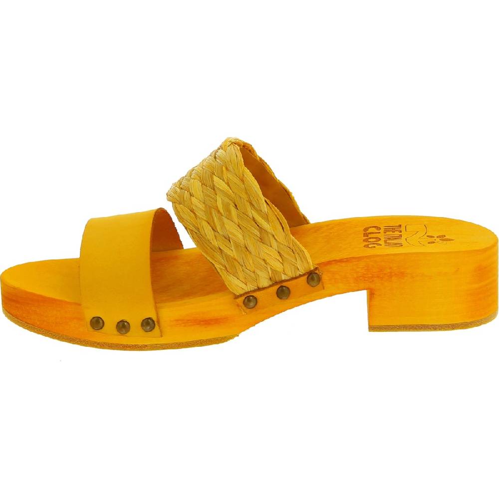 Lartigiano Del Cuoio Sabot da donna giallo in legno artigianali con fascia in rafia e pelle Online