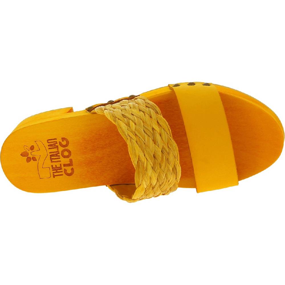 Lartigiano Del Cuoio Sabot da donna giallo in legno artigianali con fascia in rafia e pelle Online