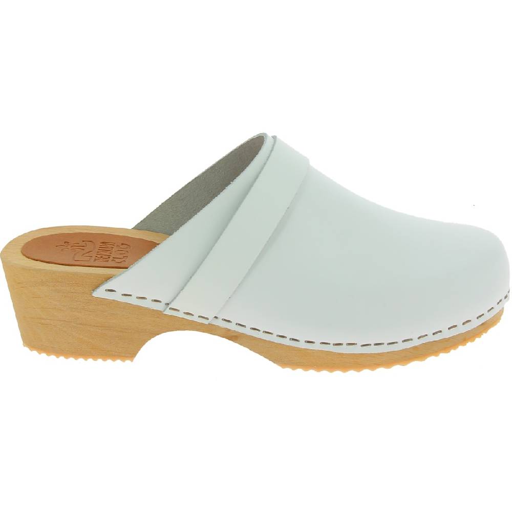 Lartigiano Del Cuoio Zoccoli in legno artigianali da donna con tomaia chiusa in pelle bianca Saldi