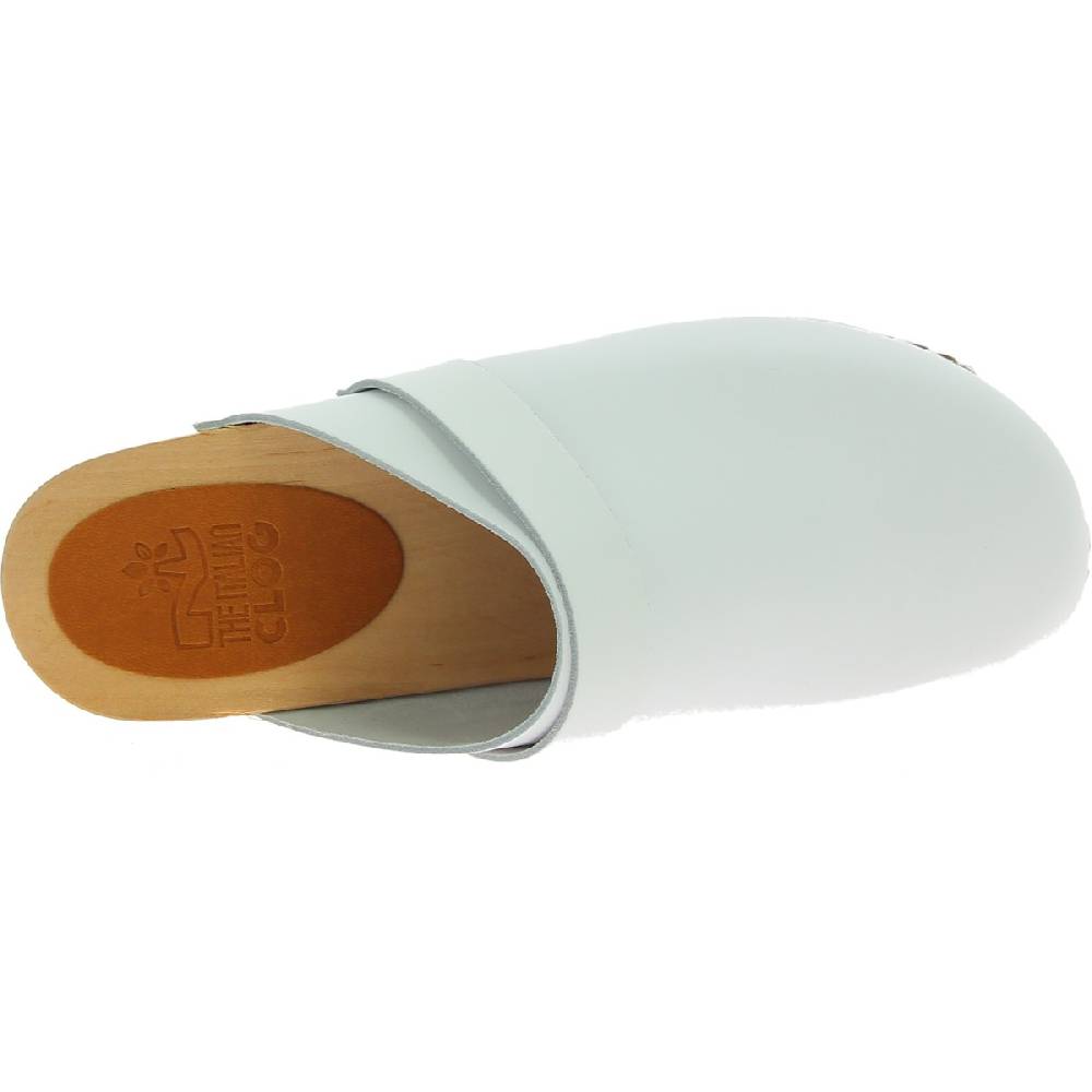 Lartigiano Del Cuoio Zoccoli in legno artigianali da donna con tomaia chiusa in pelle bianca Saldi
