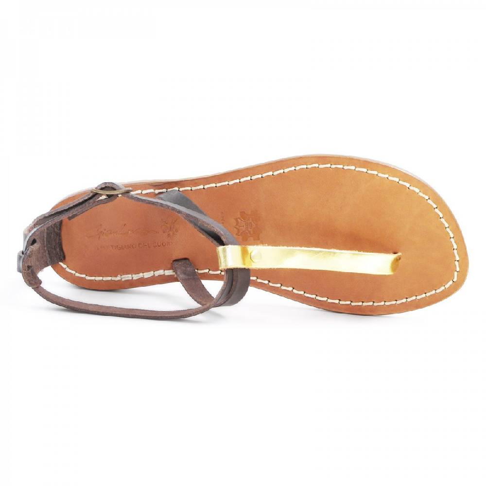 Lartigiano Del Cuoio Sandali infradito donna in pelle bicolore marrone e oro Moda