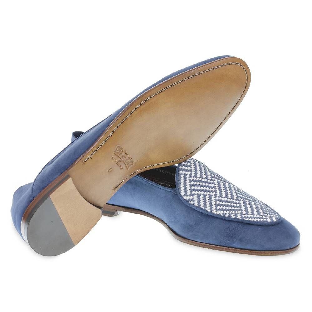 Lartigiano Del Cuoio Mocassino in camoscio azzurro e tessuto intrecciato fatto a mano In Linea