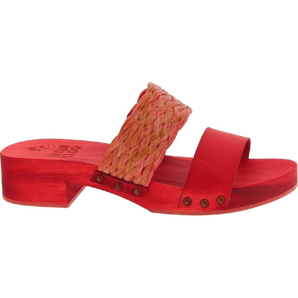 Lartigiano Del Cuoio Sabot da donna rosso in legno artigianali con fascia in rafia e pelle Sconto