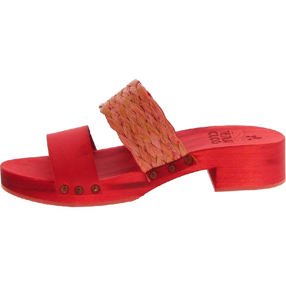 Lartigiano Del Cuoio Sabot da donna rosso in legno artigianali con fascia in rafia e pelle Sconto