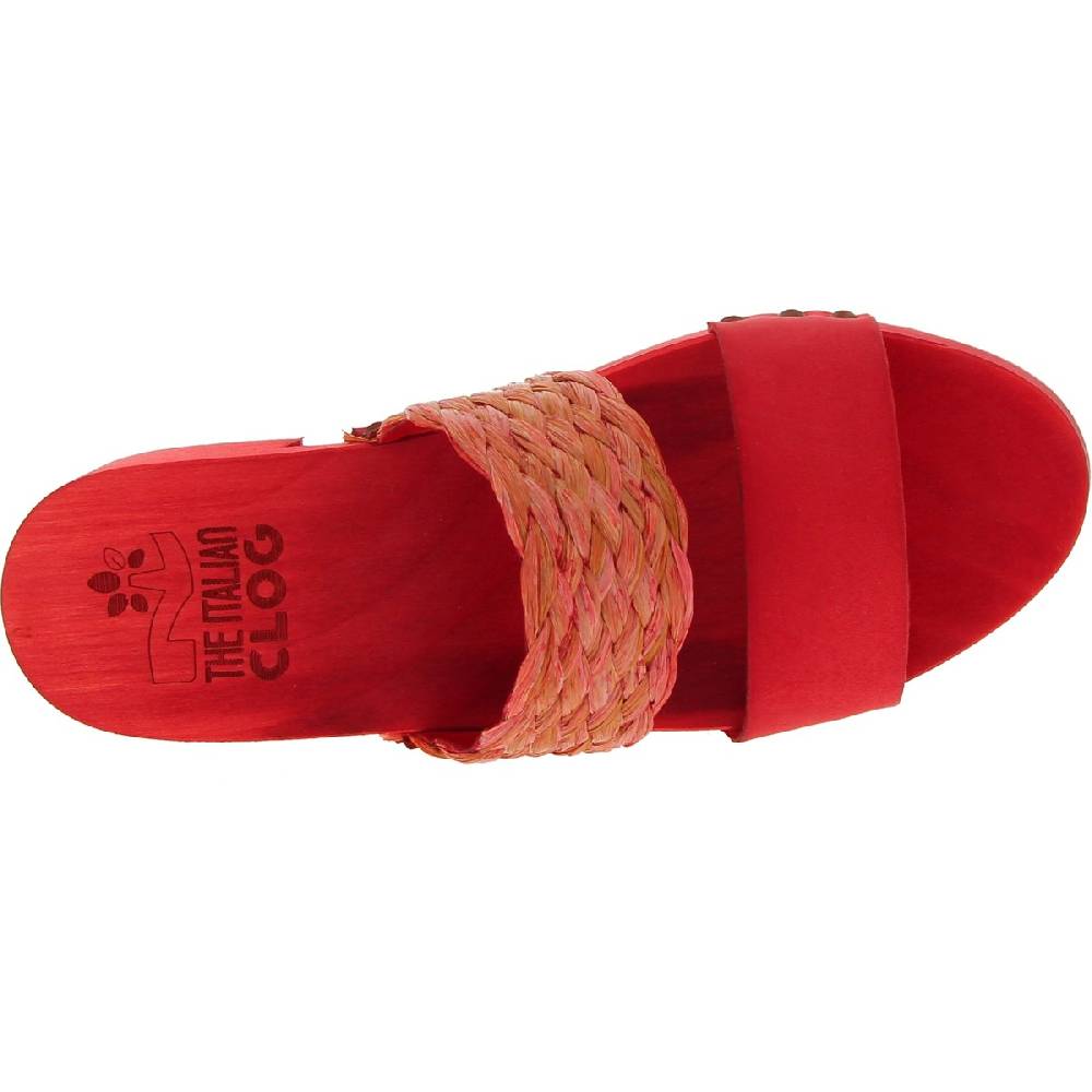 Lartigiano Del Cuoio Sabot da donna rosso in legno artigianali con fascia in rafia e pelle Sconto