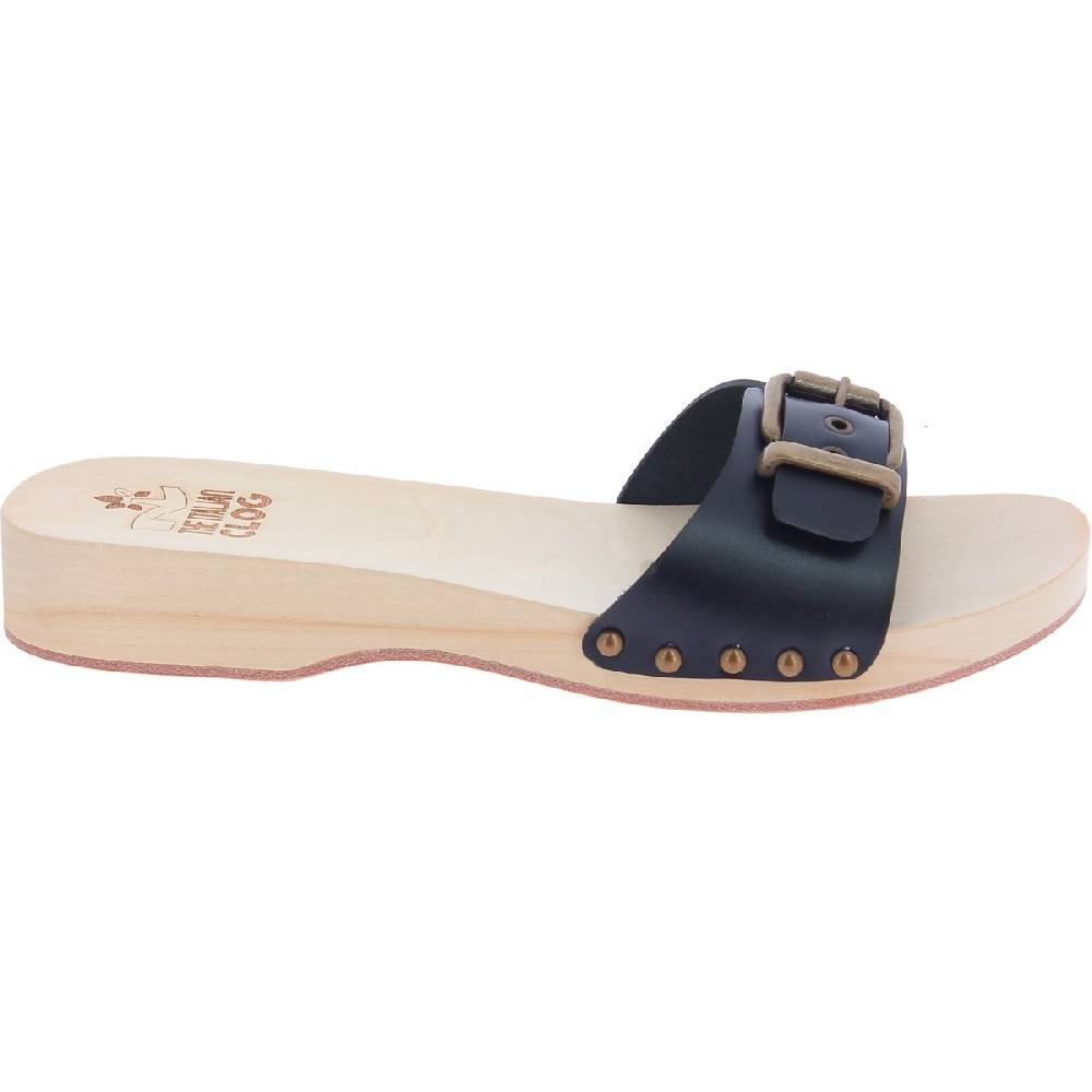 Lartigiano Del Cuoio Zoccoli di legno artigianali da donna con fascia regolabile in pelle nera Outlet