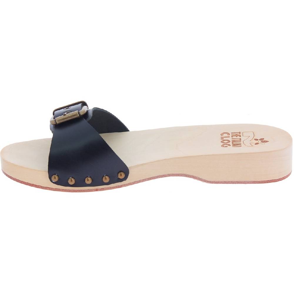 Lartigiano Del Cuoio Zoccoli di legno artigianali da donna con fascia regolabile in pelle nera Outlet