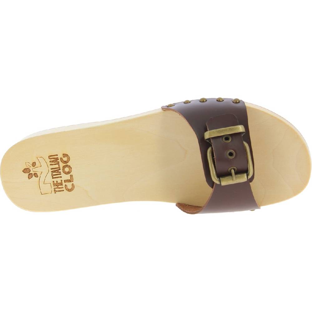 Lartigiano Del Cuoio Zoccoli in legno donna con fascia regolabile in pelle marrone scuro Vendita Calda