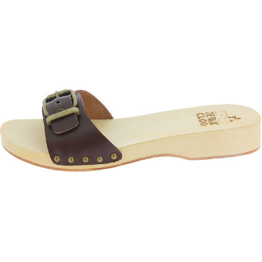 Lartigiano Del Cuoio Zoccoli in legno donna con fascia regolabile in pelle marrone scuro Vendita Calda