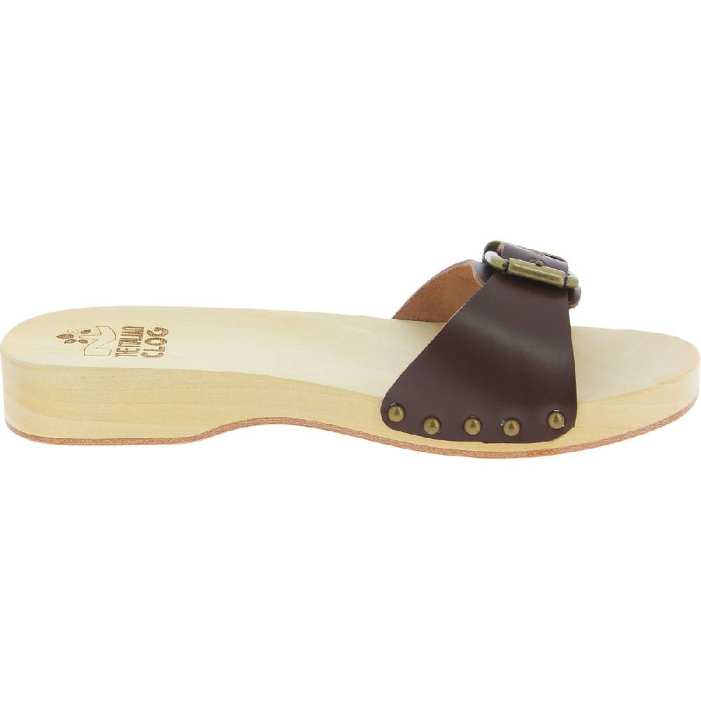 Lartigiano Del Cuoio Zoccoli in legno donna con fascia regolabile in pelle marrone scuro Vendita Calda