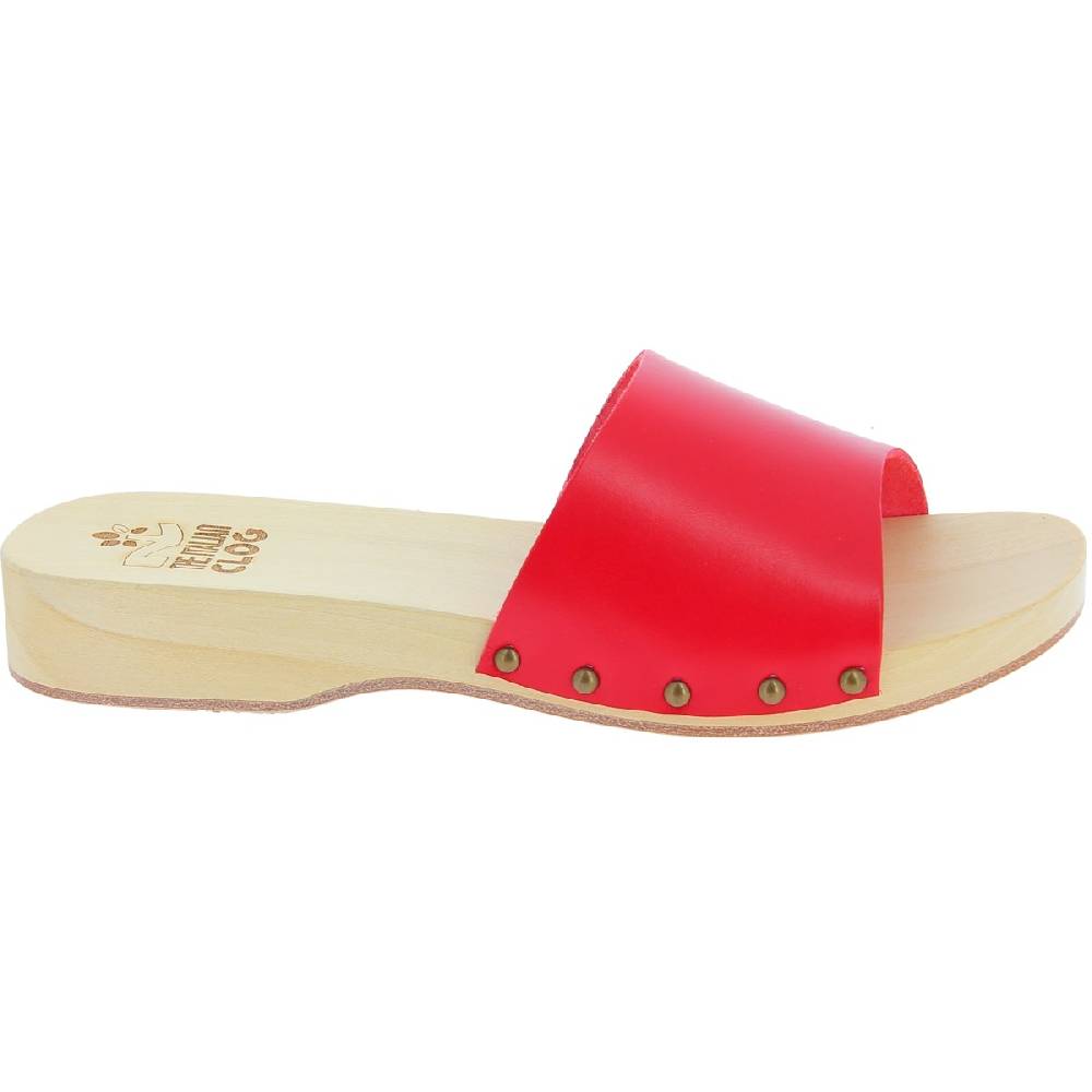 Lartigiano Del Cuoio Zoccoli di legno uomo con fascia larga in pelle rossa artigianali In Linea
