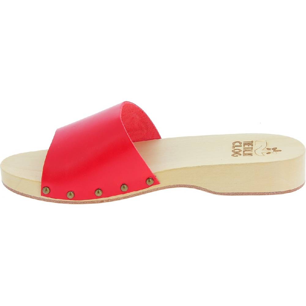 Lartigiano Del Cuoio Zoccoli di legno uomo con fascia larga in pelle rossa artigianali In Linea