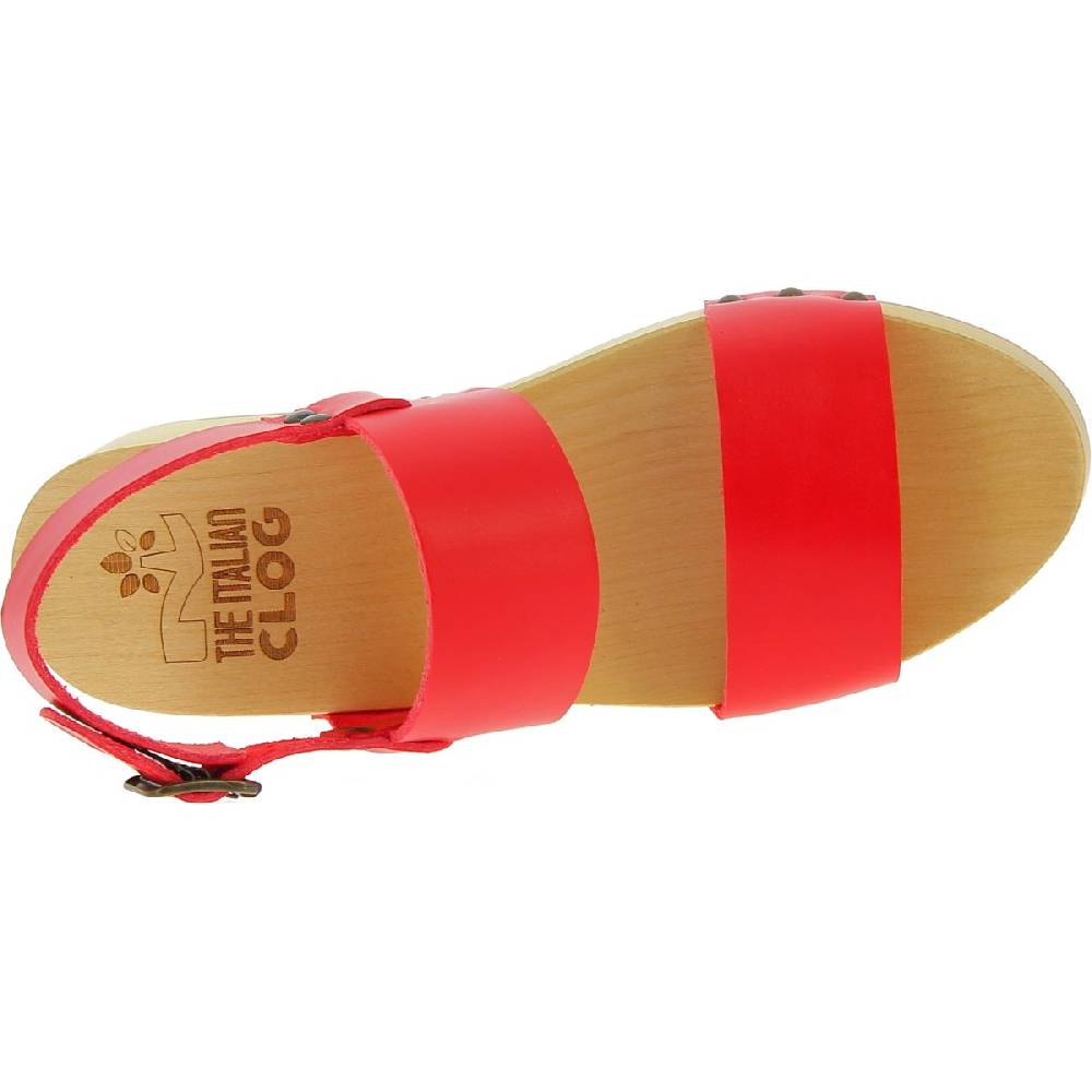 Lartigiano Del Cuoio Zoccoli donna in legno con fasce in pelle rossa Prezzo Ridotto