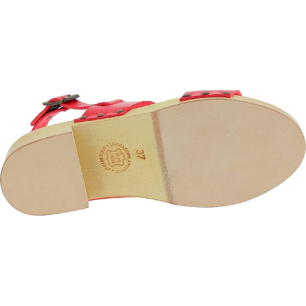 Lartigiano Del Cuoio Zoccoli donna in legno con fasce in pelle rossa Prezzo Ridotto