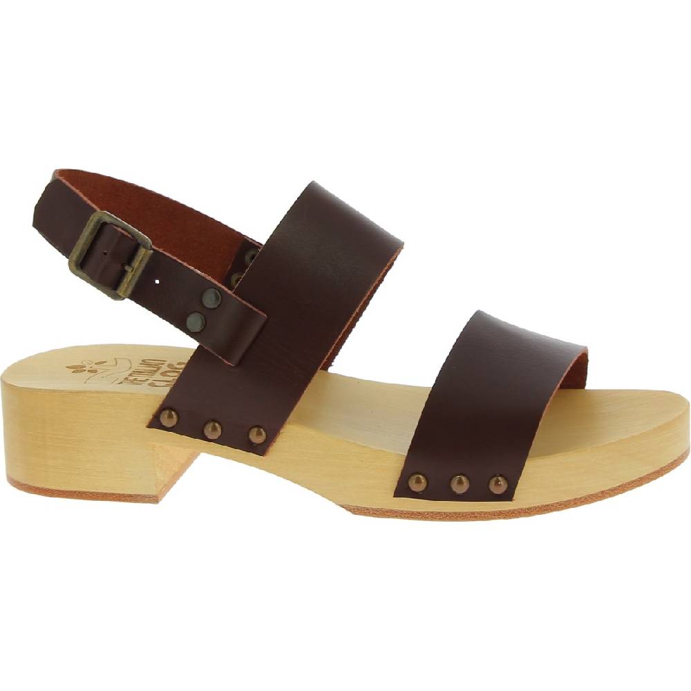 Lartigiano Del Cuoio Zoccoli donna in legno con fasce in pelle marrone scuro Qualità