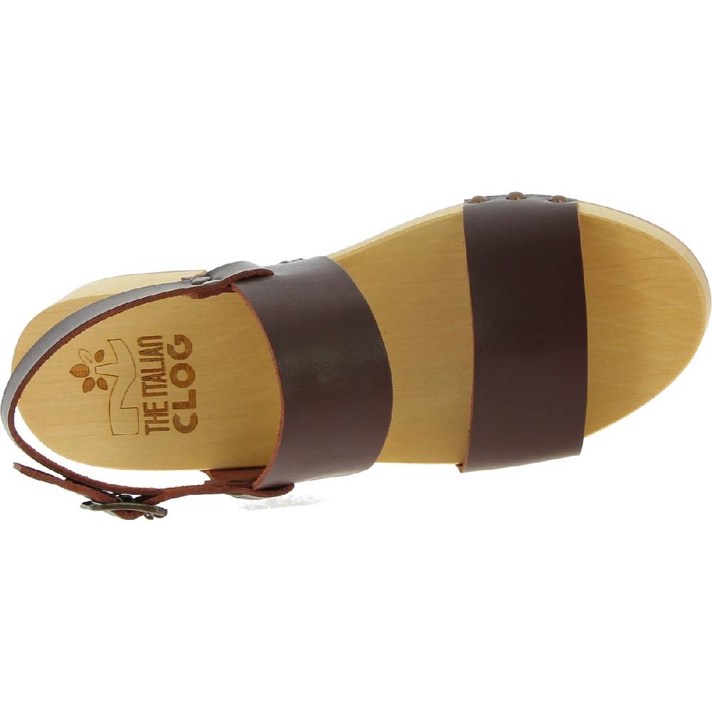 Lartigiano Del Cuoio Zoccoli donna in legno con fasce in pelle marrone scuro Qualità