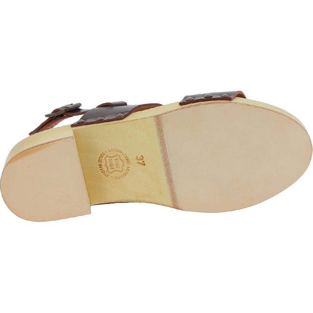 Lartigiano Del Cuoio Zoccoli donna in legno con fasce in pelle marrone scuro Qualità