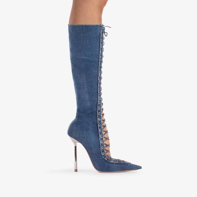 Le Silla Stivale al ginocchio con stringhe denim blu